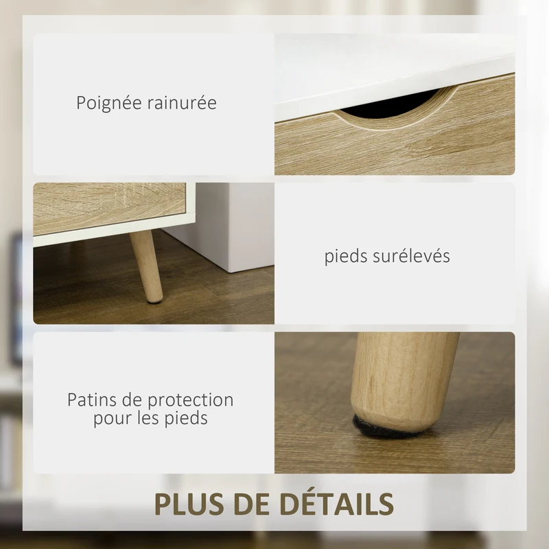 Meuble tv bas pour salon 110 x 40 x 50 cm grand rangement tiroir armoires moderne épuré en panneau de particules blanc 21_0002856