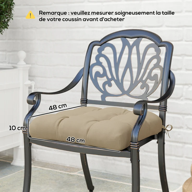 Lot de 4 coussins de chaise jardin 48 x 48 x 10 cm confort mousse 10 cm attaches maintien doux décoratif en tissu kaki 21_0005179