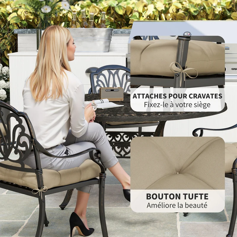 Lot de 4 coussins de chaise jardin 48 x 48 x 10 cm confort mousse 10 cm attaches maintien doux décoratif en tissu kaki 21_0005179