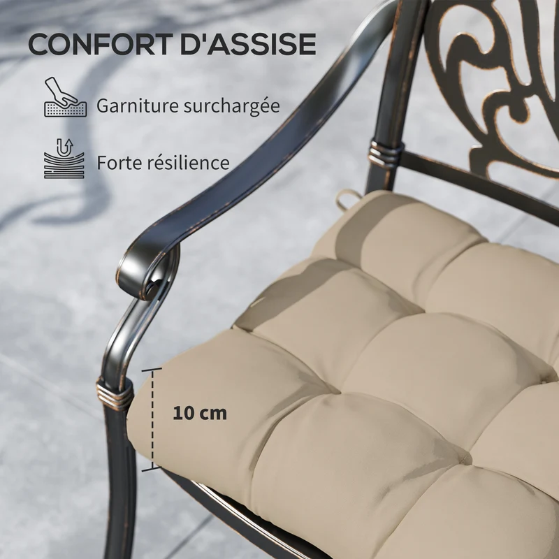 Lot de 4 coussins de chaise jardin 48 x 48 x 10 cm confort mousse 10 cm attaches maintien doux décoratif en tissu kaki 21_0005179