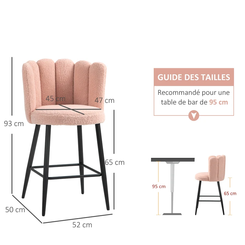 Lot de 2 tabourets de bar dossier enveloppant repose-pied 52 x 53 x 93 cm assise moelleuse contemporain en polyester rose 21_0002349