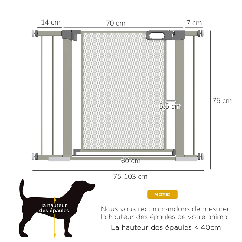 Lot de 2 barrières de sécurité pour animaux escaliers 76 x 75-103 x 3 cm fermeture automatique style épuré en acier gris 21_0007509