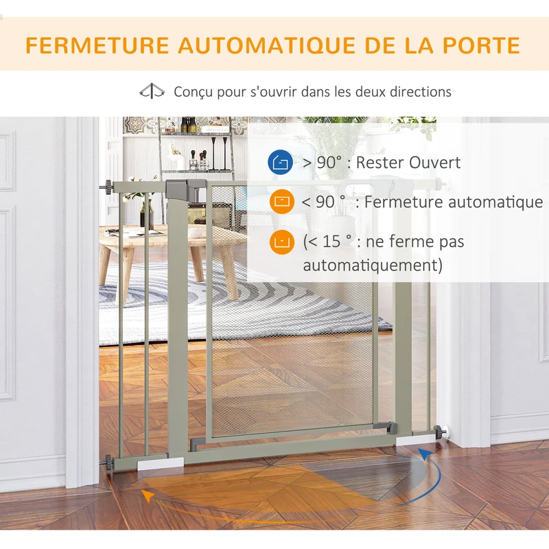 Lot de 2 barrières de sécurité pour animaux escaliers 76 x 75-103 x 3 cm fermeture automatique style épuré en acier gris 21_0007509