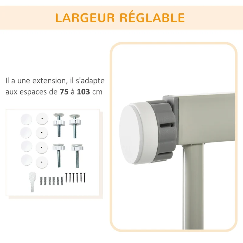 Lot de 2 barrières de sécurité pour animaux escaliers 76 x 75-103 x 3 cm fermeture automatique style épuré en acier gris 21_0007509