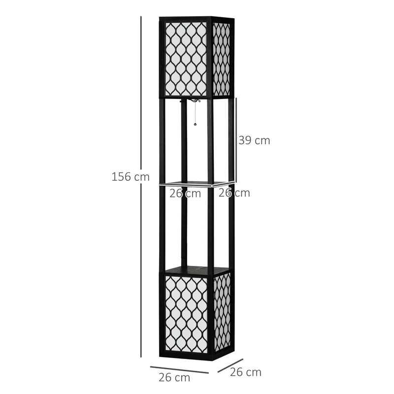 Lampadaire étagère 26 x 26 x 156 cm éclairage et rangement moderne ambiance cosy abat-jour nid d'abeille en MDF noir 21_0007016