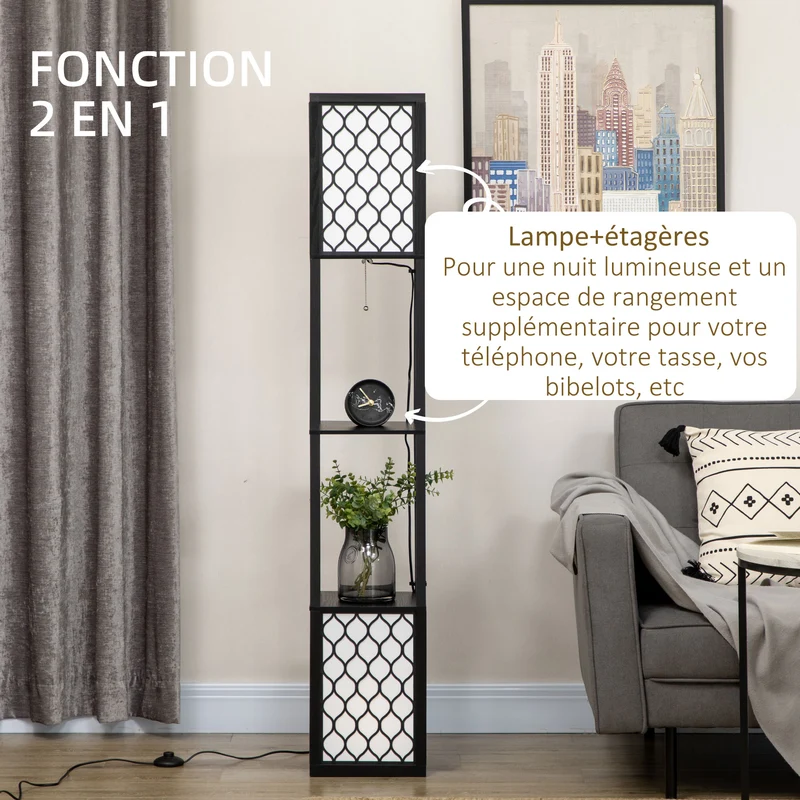 Lampadaire étagère 26 x 26 x 156 cm éclairage et rangement moderne ambiance cosy abat-jour nid d'abeille en MDF noir 21_0007016