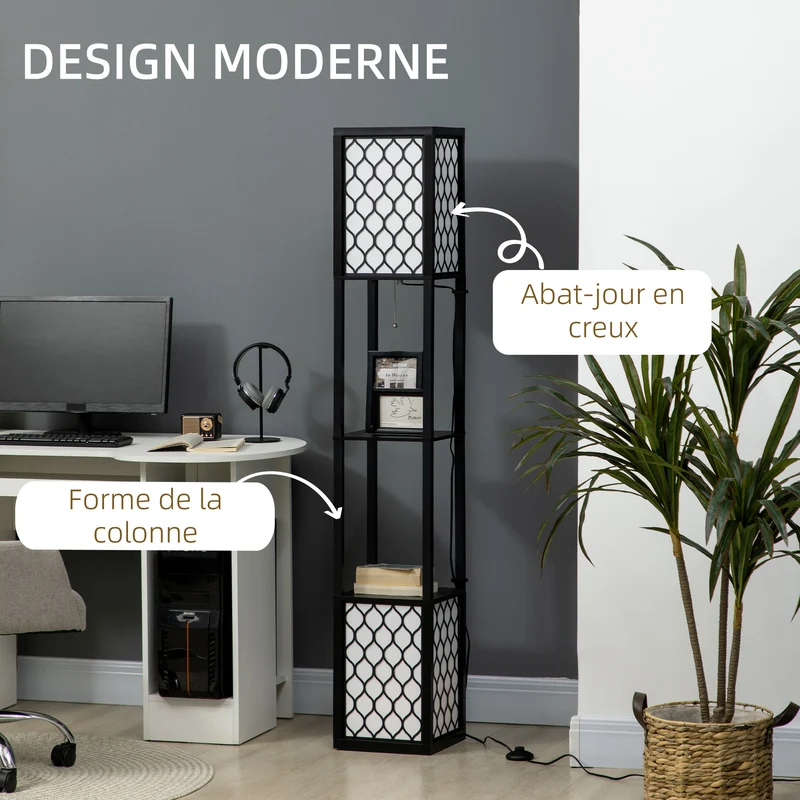Lampadaire étagère 26 x 26 x 156 cm éclairage et rangement moderne ambiance cosy abat-jour nid d'abeille en MDF noir 21_0007016