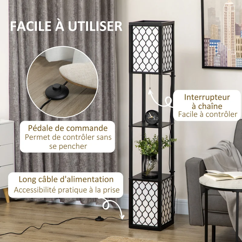 Lampadaire étagère 26 x 26 x 156 cm éclairage et rangement moderne ambiance cosy abat-jour nid d'abeille en MDF noir 21_0007016
