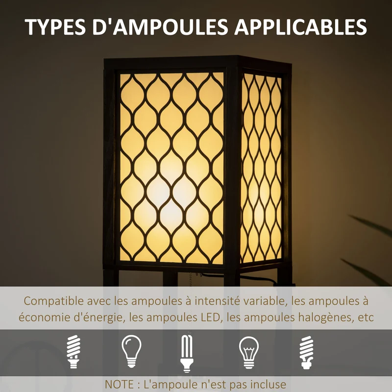 Lampadaire étagère 26 x 26 x 156 cm éclairage et rangement moderne ambiance cosy abat-jour nid d'abeille en MDF noir 21_0007016