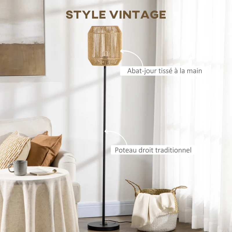 Lampadaire sur pied salon 26 x 26 x 164 cm éclairage d'ambiance d'abat-jour tissé main design scandinave en papier beige 21_0007027
