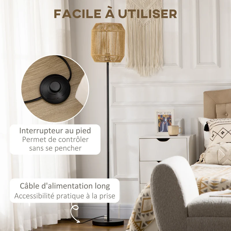 Lampadaire sur pied salon 26 x 26 x 164 cm éclairage d'ambiance d'abat-jour tissé main design scandinave en papier beige 21_0007027