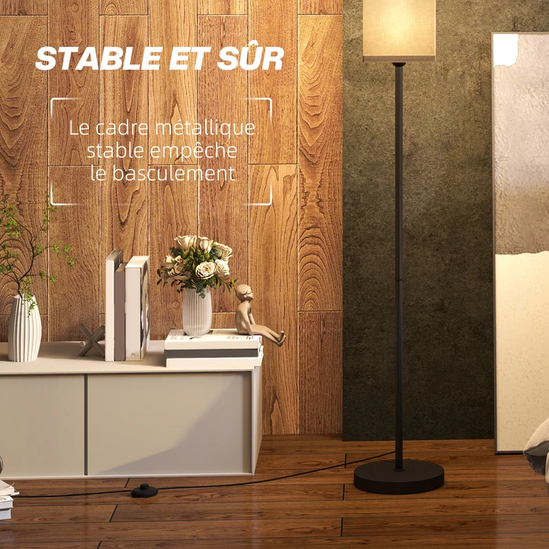 Lampadaire sur pied salon 25 x 161 cm abat-jour large diffusant interrupteur à pied moderne minimaliste en métal noir 21_0007036