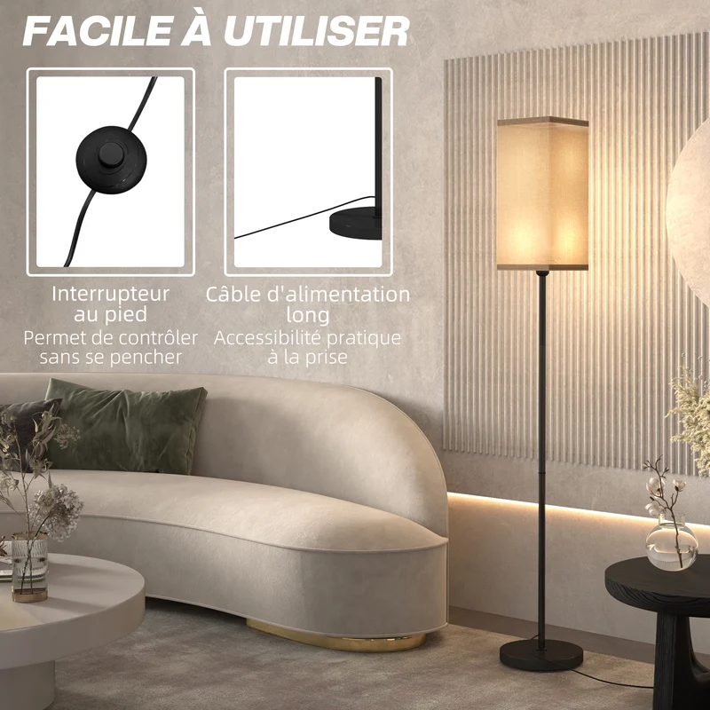 Lampadaire sur pied salon 25 x 161 cm abat-jour large diffusant interrupteur à pied moderne minimaliste en métal noir 21_0007036