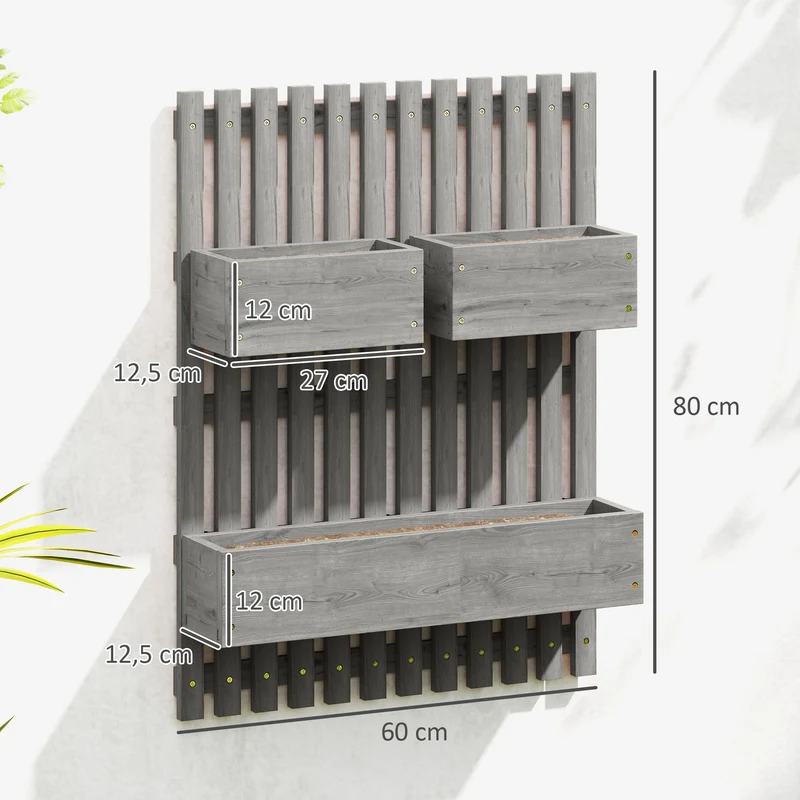 Jardinière murale potager 60 x 16 x 80 cm pots amovibles drainage intégré idéal balcon terrasse scandinave en bois gris 21_0004289