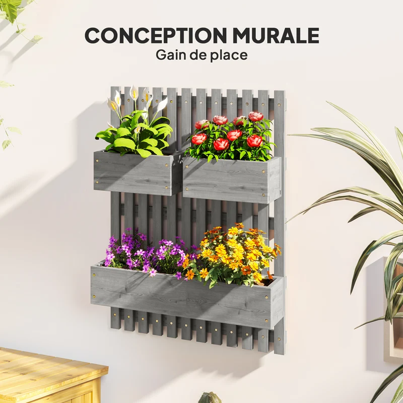 Jardinière murale potager 60 x 16 x 80 cm pots amovibles drainage intégré idéal balcon terrasse scandinave en bois gris 21_0004289