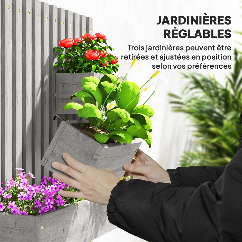 Jardinière murale potager 60 x 16 x 80 cm pots amovibles drainage intégré idéal balcon terrasse scandinave en bois gris 21_0004289
