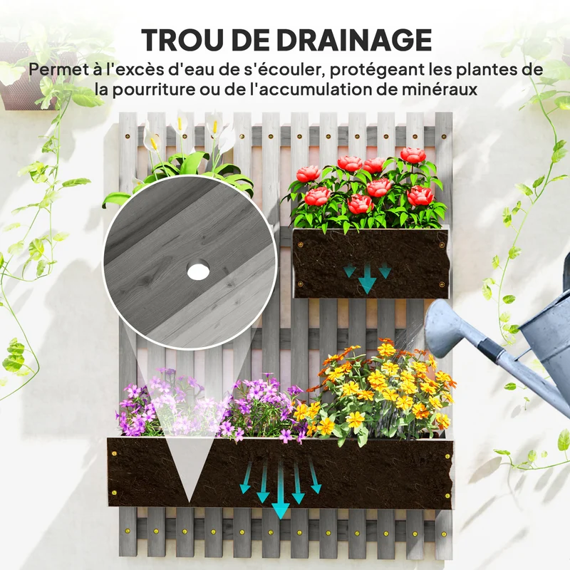 Jardinière murale potager 60 x 16 x 80 cm pots amovibles drainage intégré idéal balcon terrasse scandinave en bois gris 21_0004289