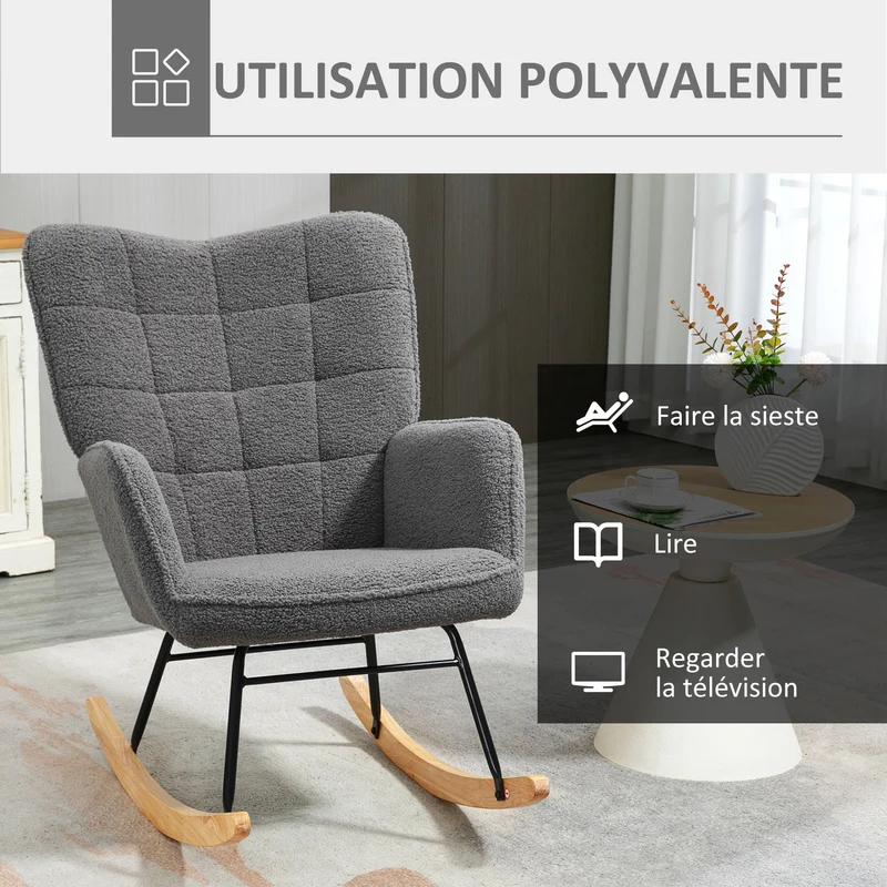 Fauteuil à bascule lecture 71 x 98 x 101 cm rembourré dossier large accoudoirs style scandinave en polyester gris foncé 21_0003099