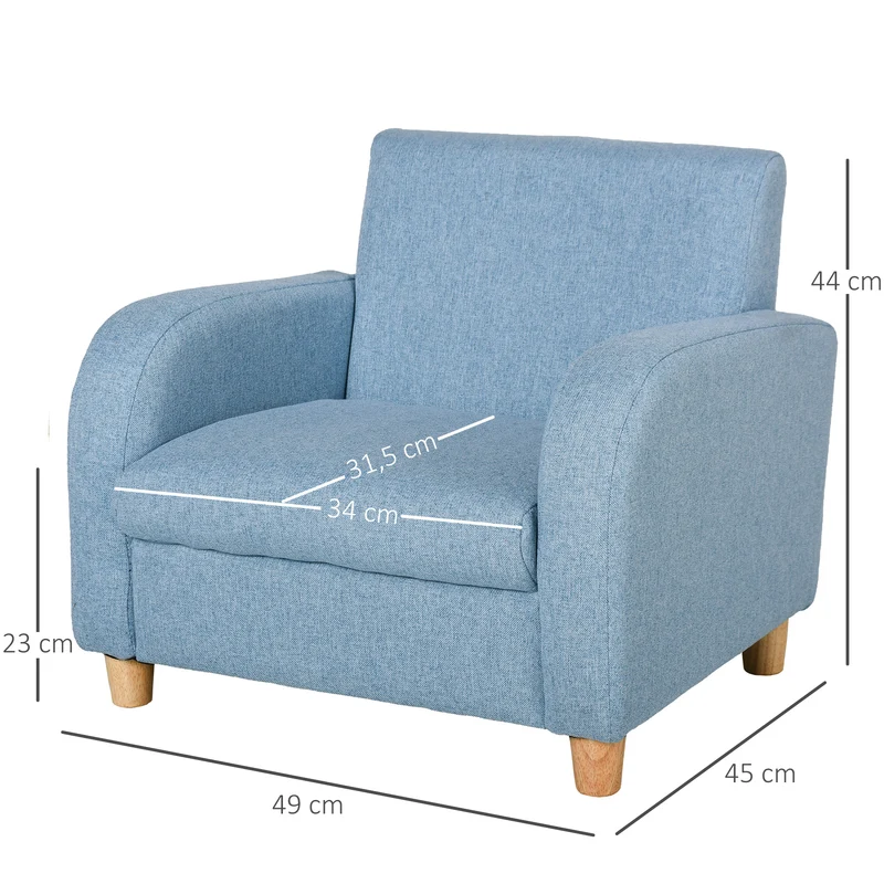 Fauteuil enfant scandinave 49 x 45 x 44 cm assise profonde douce dossier ergonomique moderne minimaliste en lin bleu 21_0000130