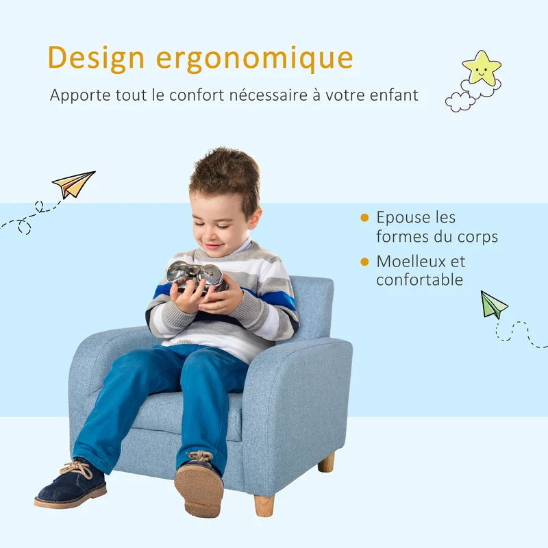Fauteuil enfant scandinave 49 x 45 x 44 cm assise profonde douce dossier ergonomique moderne minimaliste en lin bleu 21_0000130