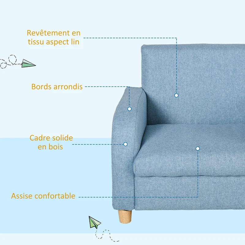 Fauteuil enfant scandinave 49 x 45 x 44 cm assise profonde douce dossier ergonomique moderne minimaliste en lin bleu 21_0000130