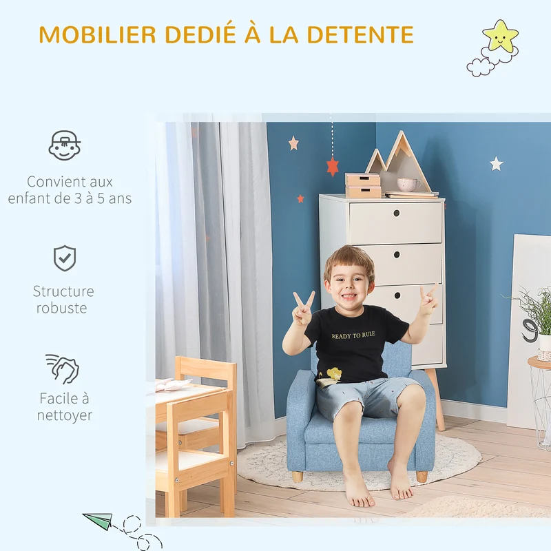 Fauteuil enfant scandinave 49 x 45 x 44 cm assise profonde douce dossier ergonomique moderne minimaliste en lin bleu 21_0000130