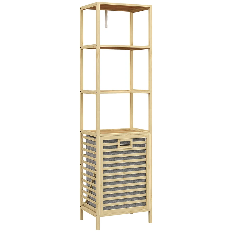 Etagère salle de bain étroite 44 x 33 x 160 cm panier à linge inclinable compacte style scandinave en bambou naturel 21_0002013