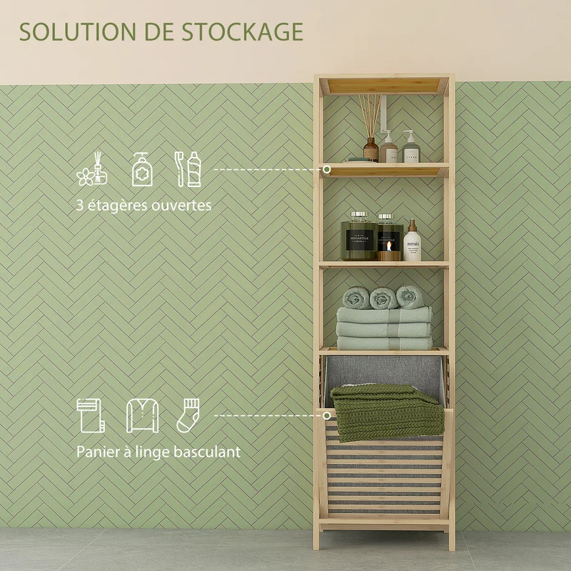 Etagère salle de bain étroite 44 x 33 x 160 cm panier à linge inclinable compacte style scandinave en bambou naturel 21_0002013