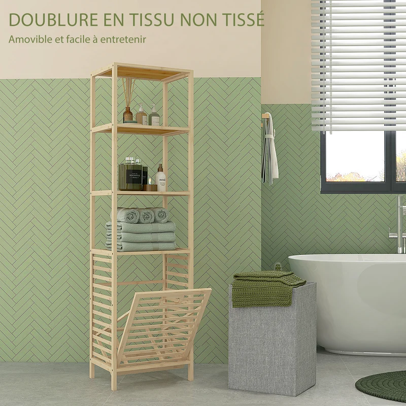 Etagère salle de bain étroite 44 x 33 x 160 cm panier à linge inclinable compacte style scandinave en bambou naturel 21_0002013