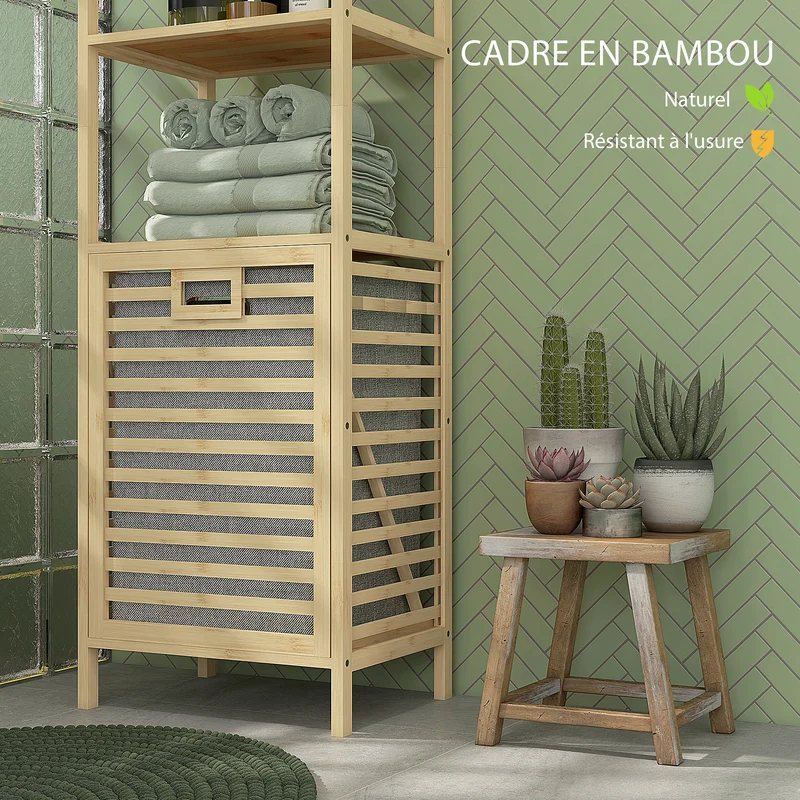 Etagère salle de bain étroite 44 x 33 x 160 cm panier à linge inclinable compacte style scandinave en bambou naturel 21_0002013