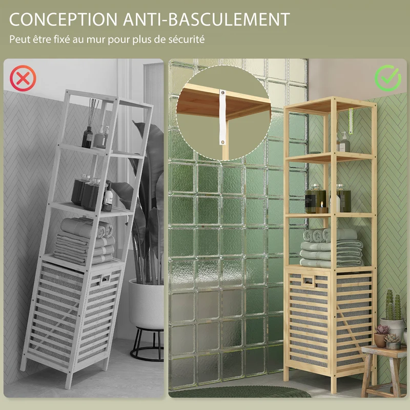 Etagère salle de bain étroite 44 x 33 x 160 cm panier à linge inclinable compacte style scandinave en bambou naturel 21_0002013