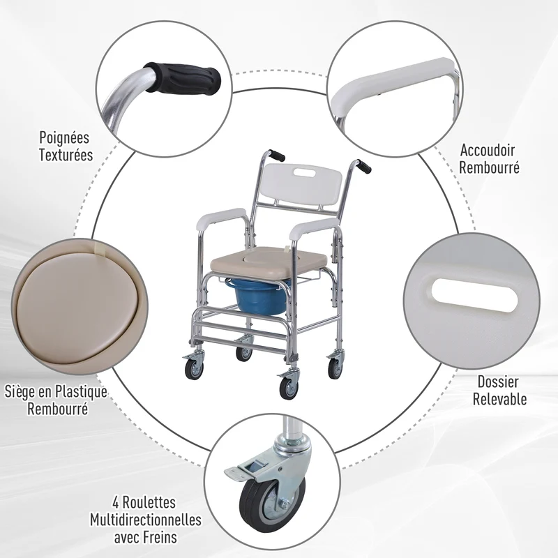 Chaise percée à roulettes pour la douche 88 x 54 x 94 cm siège amovible nettoyage facile moderne épuré en acier blanc 21_0000870