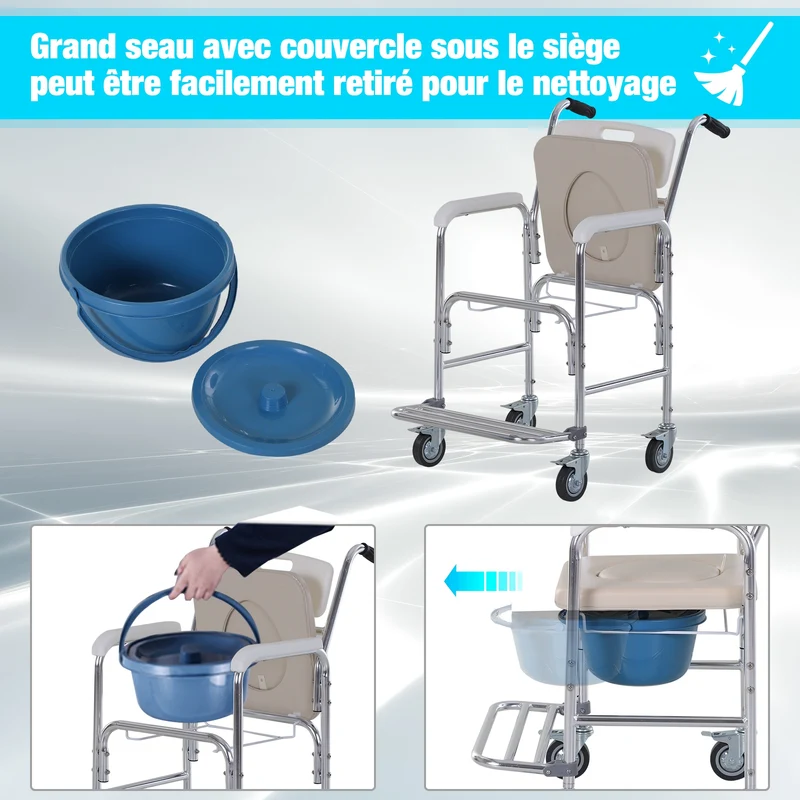 Chaise percée à roulettes pour la douche 88 x 54 x 94 cm siège amovible nettoyage facile moderne épuré en acier blanc 21_0000870