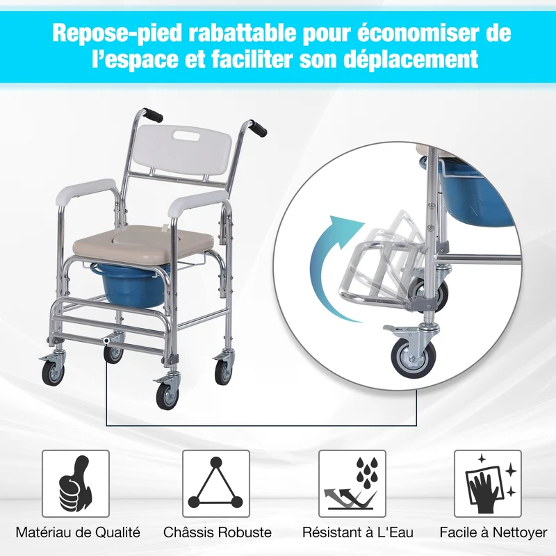 Chaise percée à roulettes pour la douche 88 x 54 x 94 cm siège amovible nettoyage facile moderne épuré en acier blanc 21_0000870