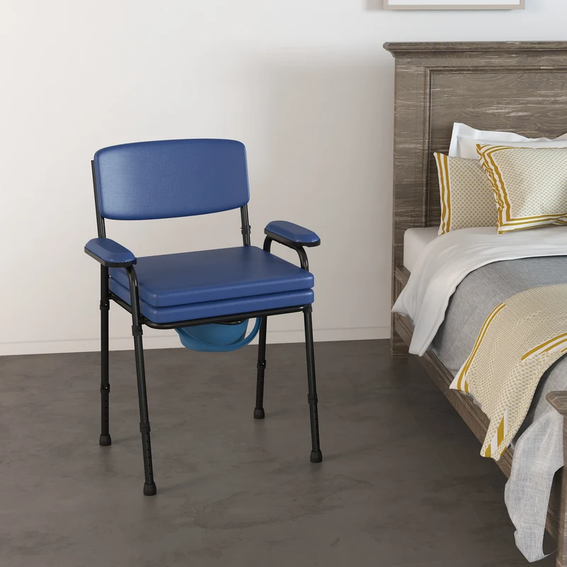 Chaise percée d'aisance 63 x 54 x 86-102 cm seau amovible hauteur réglable dossier rembourré utile moderne en acier bleu 21_0000899