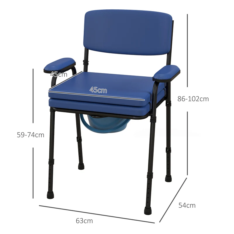 Chaise percée d'aisance 63 x 54 x 86-102 cm seau amovible hauteur réglable dossier rembourré utile moderne en acier bleu 21_0000899