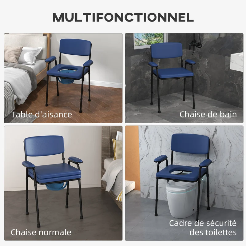 Chaise percée d'aisance 63 x 54 x 86-102 cm seau amovible hauteur réglable dossier rembourré utile moderne en acier bleu 21_0000899