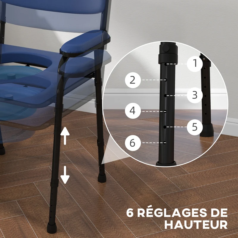 Chaise percée d'aisance 63 x 54 x 86-102 cm seau amovible hauteur réglable dossier rembourré utile moderne en acier bleu 21_0000899