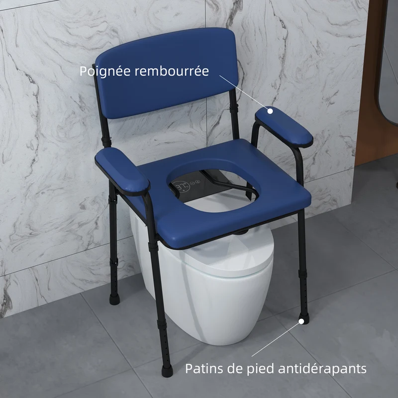 Chaise percée d'aisance 63 x 54 x 86-102 cm seau amovible hauteur réglable dossier rembourré utile moderne en acier bleu 21_0000899