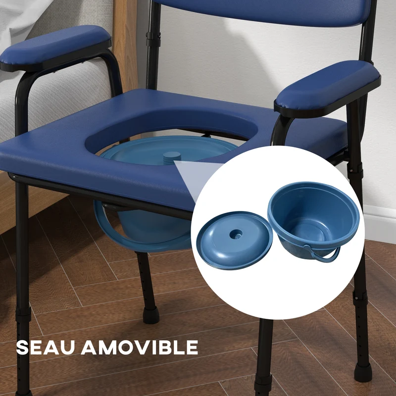 Chaise percée d'aisance 63 x 54 x 86-102 cm seau amovible hauteur réglable dossier rembourré utile moderne en acier bleu 21_0000899