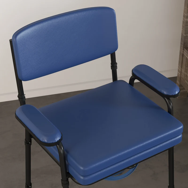 Chaise percée d'aisance 63 x 54 x 86-102 cm seau amovible hauteur réglable dossier rembourré utile moderne en acier bleu 21_0000899