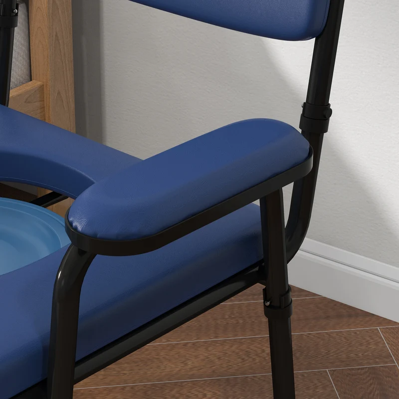 Chaise percée d'aisance 63 x 54 x 86-102 cm seau amovible hauteur réglable dossier rembourré utile moderne en acier bleu 21_0000899
