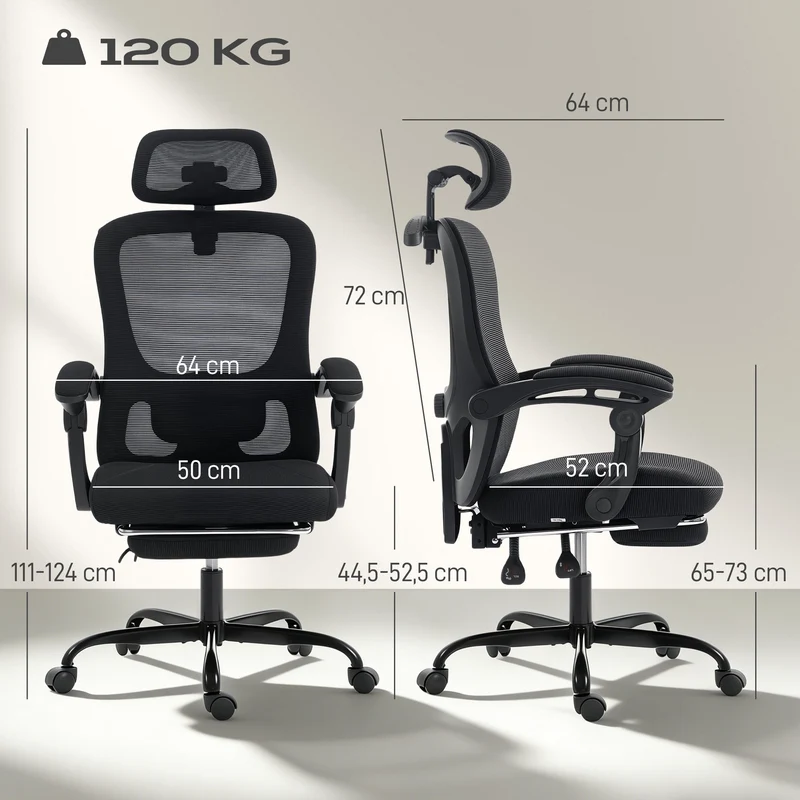 Chaise de bureau ergonomique têtière réglable soutien lombaire 64 x 64 x 124 cm inclinaison 135° moderne en maille noir 21_0006332