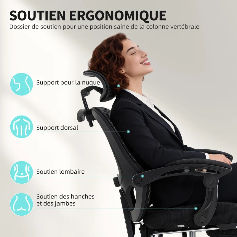 Chaise de bureau ergonomique têtière réglable soutien lombaire 64 x 64 x 124 cm inclinaison 135° moderne en maille noir 21_0006332