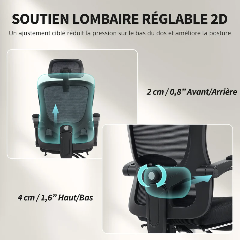 Chaise de bureau ergonomique têtière réglable soutien lombaire 64 x 64 x 124 cm inclinaison 135° moderne en maille noir 21_0006332