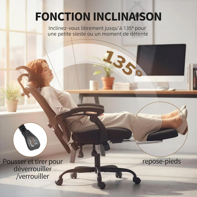 Chaise de bureau ergonomique têtière réglable soutien lombaire 64 x 64 x 124 cm inclinaison 135° moderne en maille noir 21_0006332