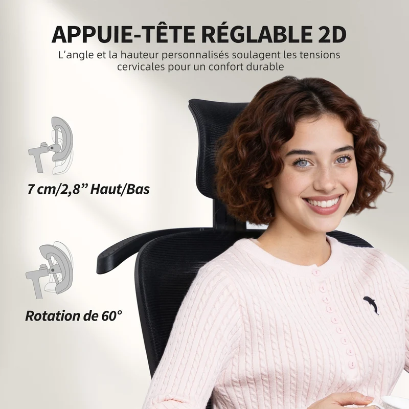 Chaise de bureau ergonomique têtière réglable soutien lombaire 64 x 64 x 124 cm inclinaison 135° moderne en maille noir 21_0006332