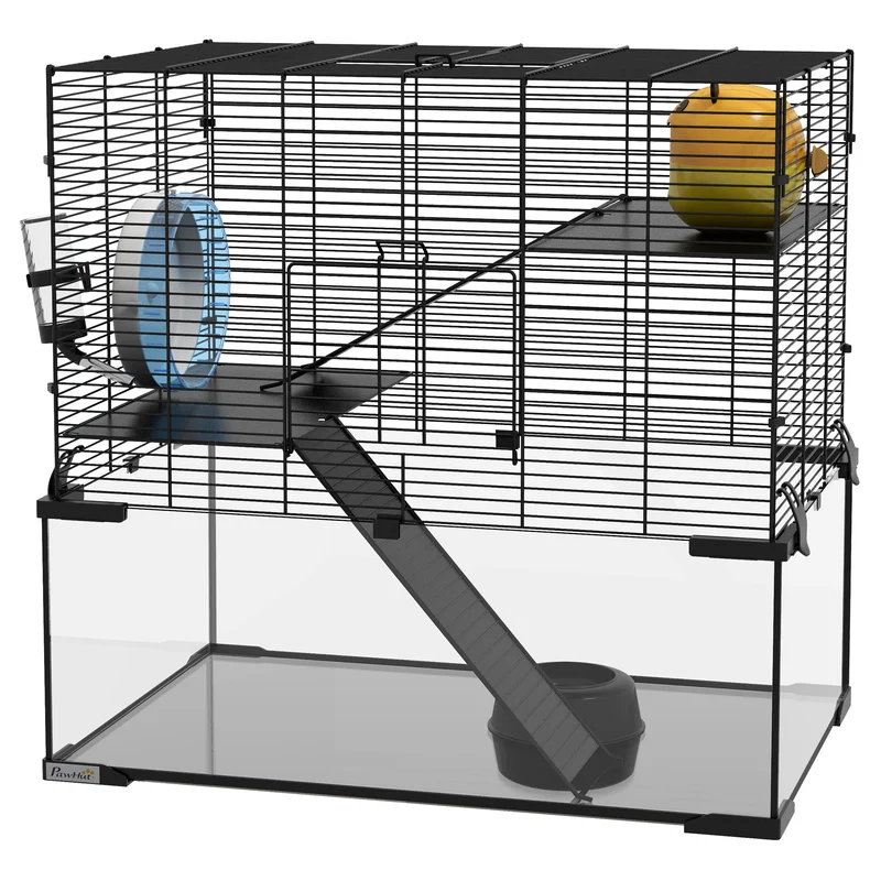 Cage pour rongeur multi niveaux 60 x 40 x 54.5 cm espace spacieux et accès facile moderne épuré en fil d'acier noir 21_0007962
