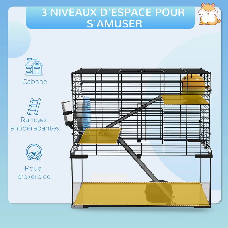 Cage pour rongeur multi niveaux 60 x 40 x 54.5 cm espace spacieux et accès facile moderne épuré en fil d'acier noir 21_0007962