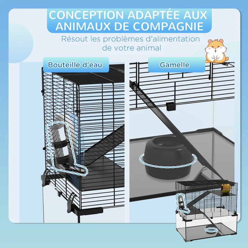 Cage pour rongeur multi niveaux 60 x 40 x 54.5 cm espace spacieux et accès facile moderne épuré en fil d'acier noir 21_0007962